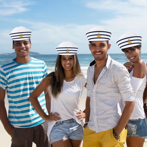 6 قطع من قبعة البحارة، باللون الأزرق مع قبعة الكابتن البيضاء للرجال والنساء، قبعة كابتن القارب البحري لملابس حفلات اليخوت الصخرية، زي البحارة، وحفلات الملابس in Kuwait