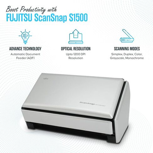 حزمة الماسح الضوئي S1500 FUJITSU ScanSnap Sheet-Fed - ضمان لمدة عام - مع محول تيار متردد 24 فولت، وكابل USB 2.0، وسلك طاقة وقطعة قماش للتنظيف من الألياف الدقيقة (متجددة) in Saudi Arabia