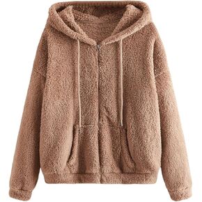 MakeMeChic Women's Zip Up Long Sleeve Fleece Hooded Jacket Drawstring Pockets Outerwear Coat