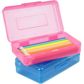 Plastic Pencil Box 2 Pack, Large Capacity Pencil Case, Colored Pencil Boxes for Kids Adults, Hard Crayon Box Storage with Snap-Tight Lid for School Office Supplies (Pink & Blue)