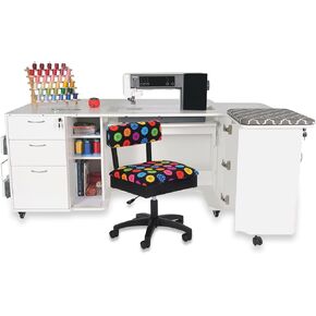 Arrow Sewing Kangaroo Sewing Furniture Sydney Sewing Cabinet in Ash White Furniture Adjustable Height Hydraulic Sewing and Craft Chair in Black Cat Print Fabric