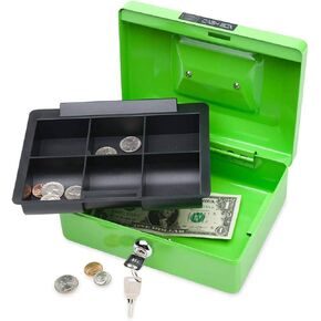 HearthSong My First Business Kids' Metal Cash Lockbox with Plastic Inner Tray, Includes Lock and 2 Keys, Approx. 8"L x 6"W x 3"H, Green