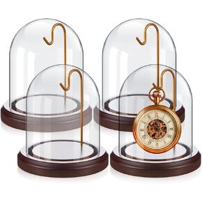 4 Pcs 3" x 4" Watch Ornament Glass Display with Hooks Dome Cloche with Wood Base Decorative Glass Display Dome Showcase for Watch Plants Medals Photos Collectibles Dark MDF Base, Gold Hook