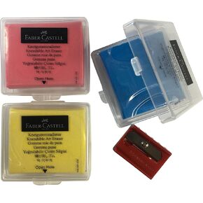 Faber-Castell Colored Kneaded Art Eraser Soft Durable Sketch Putty Rubber, Kneadable Rubber Eraser With Plastic Case in 3 Colors - Red, Yellow, Blue + 1 Sharpener (3 + 1)