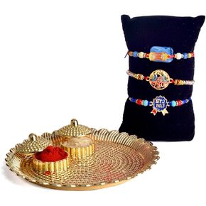 SATVIK 3 Pc Rakhi for Brother Bhaiya Assorted Rakhi with Puja Plate, Roli Chawal, Greeting Card & Soun Stickers for Rakshabandhan