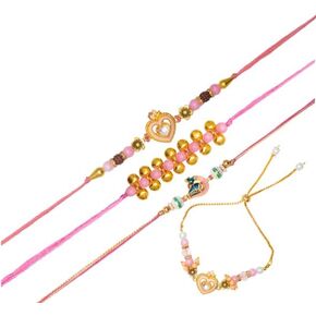 Set of 4 Rakhi Lumba for Brother Bhabhi and Bhatija Bhai Bhaiya Raksha Bandhan gift Rakhi Thread Rakhi with Roli Chawal and Greeting Card Gift Pack in Pouch/Potli bag