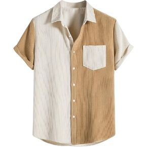 OYOANGLE Men's Plus Size Colorblock Button Down Ribbed Tops Pocket Patched Short Sleeve Shirts