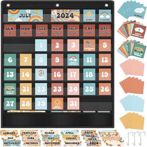 Retro Classroom Calendar Pocket Chart for Kids Learning with 121 Cards, Black Groovy Classroom Calendar Set, Classroom Pocket Calendar Chart for Preschool Elementary Classroom Must Haves Supplies