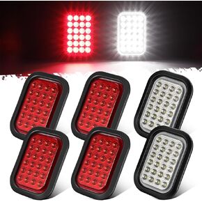 Partsam 6x 5x3 Inch Rectangle Stop Turn Tail Reverse Backup Running Lights Red Clear Lens 24LEDs LED Truck Trailer Hitch Tail Lights Sealed Flush Mount 3 Prong Watertight Plug Rubber Grommet 12V IP67
