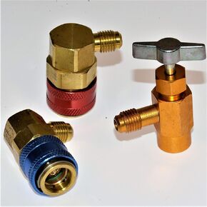 R-134A [مجموعة كاملة] - قارنة توصيل التيار المتردد | محول (2) (1/4 بوصة SAE HVAC) - تكييف هواء التبريد [A/C] + صمام قابل للتعديل (1) - تحويل خرطوم قياس المنوع