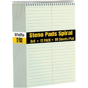 1InTheOffice Steno Pads Spiral 6x9, Spiral Note Pad, Writing Note Pad, Gregg Ruled, 80 Sheets/Pad, Green, 12 Pads/Pack