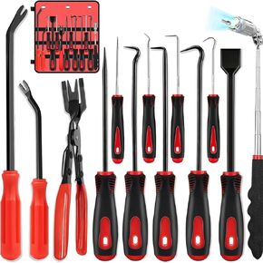 13 Pcs Mechanic Hook and Pick Tool Set with Auto Clip Removal Plier Rivets Puller Telescoping Magnetic Pickup Gasket Scraper for Remove Automotive Electronics Maintenance Hoses Gasket (red1)