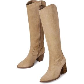 MeiLuSi Womens Knee High Boots Pointed Toe Suede Boots Chunky Heel Faux Slouchy Boots Wide Calf Tall Fall Boots Side Zipper