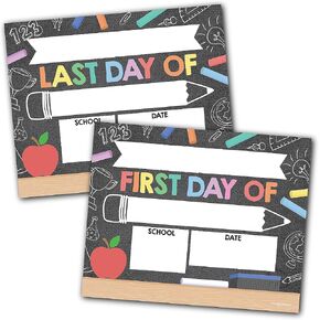 Last Day of School Sign – 10 Double-Sided First and Last Day Boards, 8x10 Back to School Photo Prop for Kids, Preschool, Kindergarten, and Elementary, Doodle Chalk Theme
