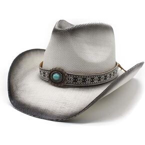 Western Straw Cowboy Hat for Women Men Wide Brim Summer Sun Hat Classic Cowgirl Hat with Belt Buckle for Travel