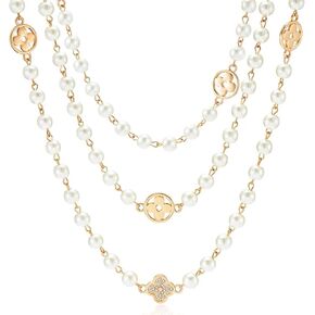 8MM Round Simulated Shell Pearl Strand Layered Necklace for Women, Double Layer Imitation Long Pearl Strand Necklace for Party, Vintage Costume Jewelry