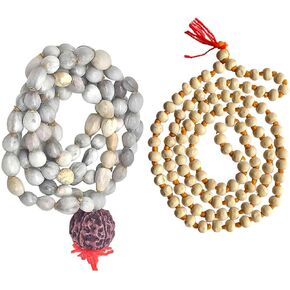 NAISHA (Pack of 2 Original Vaijanti Mala White Bead & Tulsi Holy Basil Japa Mala 108+1 Beads Hare Rama Hare Krishna for Daily Mantra Jaap with tassel