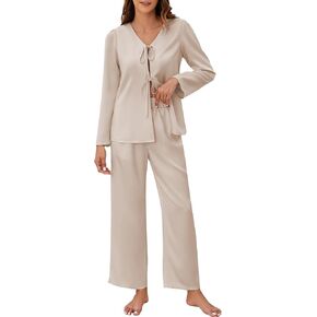 Blooming Jelly Women Silk Pajamas Set 2 Piece Lounge Sets Long Sleeve with Tie Front Satin PJ Sleepwear