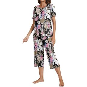 POKWAI 2024 Summer Comfy Womens Pajama Sets Short Sleeve and Capri Pants Pajamas Set Soft 2 Piece Pjs Sleepwear