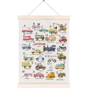 Hxlac Abc Alphabet Truck Poster Hanger Frame, Transportation Alphabet Banner Wall Art with Wood Frames, Construction Car Wall Hanging Decor for Kids Toddler Boys Room Play Room Nursery(12x16 Inch)