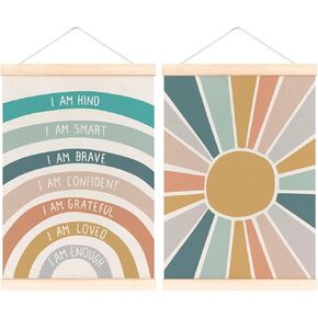 laveliabel Boho Classroom Rainbow Decor Poster Hanger Frame, Inspirational Banner Poster with Wooden Hanger, Mental Health Decor Wall Decor for Therapist Office Playroom School Nursery,12x16in