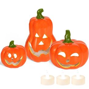 Ceramic Halloween Pumpkin Tea Light Holder Set of 3, Jack-O-Lantern Candle Holder with LEDs tealight, Handmade Pumpkin Candle Holders Halloween Tabletop Decorations for Holiday Party Home