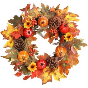 Fall Wreaths for Front Door, hogardeck 20" Fall Wreath with Pumpkins, Berries, Sunflowers, Artificial Maple Leaves & Pine Cones, Autumn Fall Decorations for Home, Window, Wall, Thanksgiving Decor