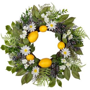 18 inch Artificial Lemon Wreath for Front Door, Summer Door Wreath Faux Lemons Door Wreath with Berries and Green Leaves Small Wreath for Indoor Wall Window Wedding Farmhouse Lemon Décor