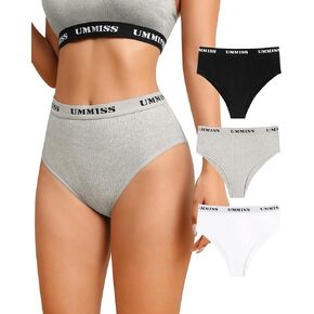 UMMISS Womens High Waisted Cotton Bikini Underwear Hipster Panties Soft Stretch Threaded Ladies Sport Panties 3 Pack