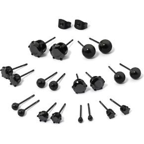 Set of 10 Pair Stud Earrings Stainless Steel Round Ball & Black Cubic Zirconia Black Tone in Kuwait
