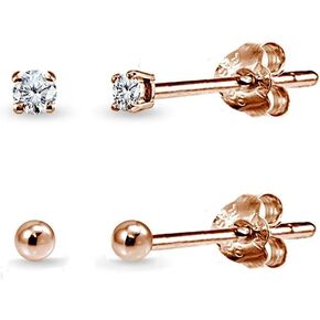 2 Pairs Rose Flash Sterling Silver 2mm Round CZ & Ball Bead Lightweight Unisex Cartilage Earrings Set