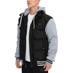 BEST SOUTH Men's Hooded Winter Coats Water Resistant Warm Thicken Insulated Full Zip Windproof Jackets with Pockets Black Grey XL