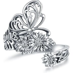 Spoon Rings for Women 925 Sterling Silver Butterfly Ring Vintage Boho SunFlower Wide Thumb Ring Style for Girl Jewelry Gift Adjusting