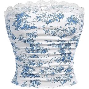 Floerns Girl's Lace Trim Floral Print Sleeveless Bandeau Ruched Boho Tube Top