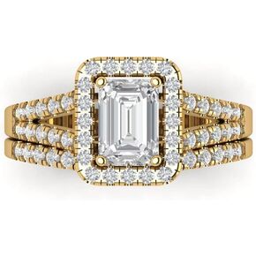Clara Pucci 1.54 carat Emerald Shape Halo Solitaire Moissanite Engagement Wedding Anniversary Bridal ring band set 14k Yellow Gold