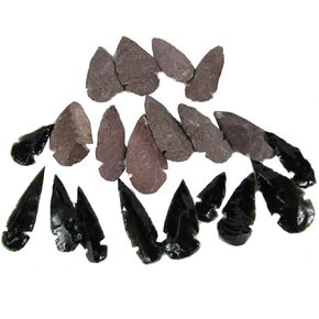 20 Pieces Natural Indian Style Replica Arrowheads, 10 Black Obsidian and 10 Flint (Chert) Arrowhead Assortments, Each Arrowhead Is About 1 - 2 1/2" In Length