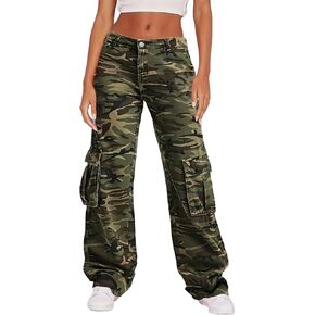 Women's Teen Girls Camo Straight Wide Leg Cargo Jeans High Rise Flap Pocket Relaxed Fit Baggy Jeans