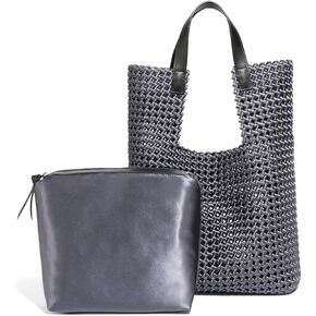 Leather Satin Woven Tote Bag for Women Hollow Out Handbag 2 Pcs Set Female Shoulder Bag Shopper Bag Fashion Clutch
