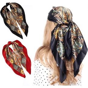 وشاح رأس حريري مربع كبير مقاس 81.28 سم، قطعتان من وشاح الشعر الناعم بملمس الساتان، زينة رائعة بطباعة ذهبية قديمة مناسبة للارتداء اليومي في الصيف والخريف والسفر (أسود وأحمر) in Kuwait