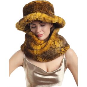 مجموعة قبعة ووشاح دلو من الفرو الصناعي من جلد الثعبان للسيدات من LA CARRIE مكونة من قطعتين باللون الأصفر للشتاء الدافئ in Kuwait