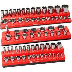 Magnetic Socket Organizer Set -3 Piece SAE Magnetic Socket Holder Set Red - 1/2-inch, 3/8-inch & 1/4-inch Drive, Holds 68 Sockets, Professional Grade Socket Tray Organizer.