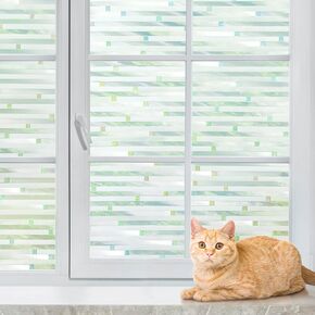 rabbitgoo Frosted Glass Window Film, Window Privacy Film Sun Blocking Heat Control Window Clings Non-Adhesive Decorative Window Decals for Home, Striped with Rainbow Squares, 17.5" x 78.7"