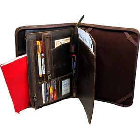 Genuine Leather Business Portfolio Professional Organizer Men & Women Durable Leather Padfolio with Sleeves for documents & Notepad Compatible with Ipad pro 12.9"