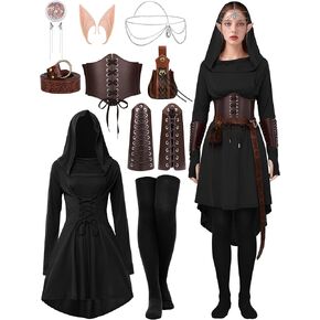 SOMSOC Women Renaissance Fairy Costumes Medieval Hooded Robe Lace Up Dress Accessories Traditional Set for Halloween Cosplay