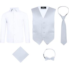 S.H. Churchill & Co. Boys Silver 5 Piece Vest Set with White Dress Shirt - Includes Bow Tie, Long Tie, Pocket Hanky - Size 8