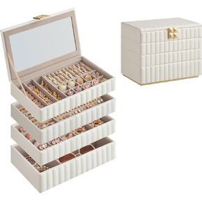 SONGMICS HOME ANAH Collection - Stackable Jewelry Box with Mirror, 4-Tier Jewelry Storage Organizer, PU Surface with Stitching, Floating Effect, 6.7 x 11 x 8 Inches, Gift Idea, Cloud White UJBC181W01
