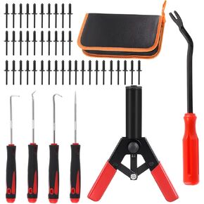 47Pcs Plastic Rivet Gun Set, Includes 40Pcs Black Nylon Blind Rivets, Hand Riveter, Fastener Removal Tool, Precision Hook Set with Storage Case for Automotive