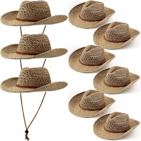 Newcotte 9 Pack Straw Cowboy Hats for Women Western Cowgirl Hat Bulk Beach Sun Hat with Windproof Rope for Party Travel