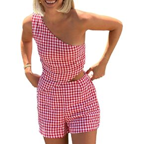 Women's Y2K 2 Piece Gingham Shorts Set Plaid Checkered One Shoulder Tank Tops+Shorts Pajamas Sets Jumpsuit