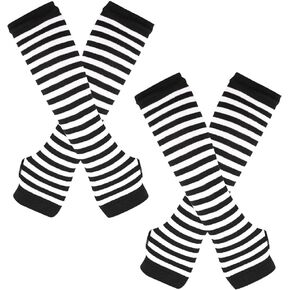 2 Pairs Long Striped Arm Warmers Winter Arm Sleeves Fingerless Knit Gloves Stretchy Thumb Hole Gloves
